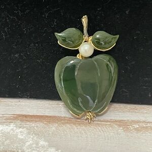 Swoboda Gold Tone Jade Nephrite & Pearl Apple Brooch Pin